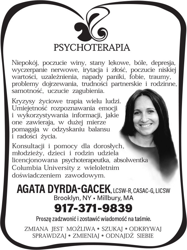 Reklama agata dyrda gacek psycholog psychoterapeuta brooklyn nowy jork