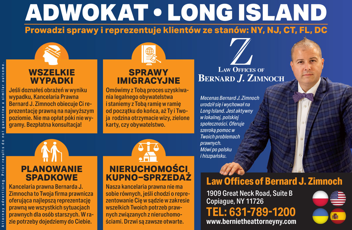 Reklama bernard j zimnoch wypadki w pracy odszkodowania copiague nowy jork