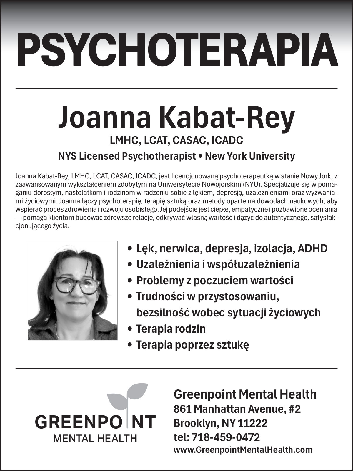Reklama greenpoint mental health psycholog psychoterapeuta brooklyn nowy jork