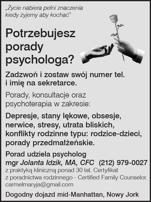 Reklama jolanta idzik psycholog psychoterapeuta nowy jork