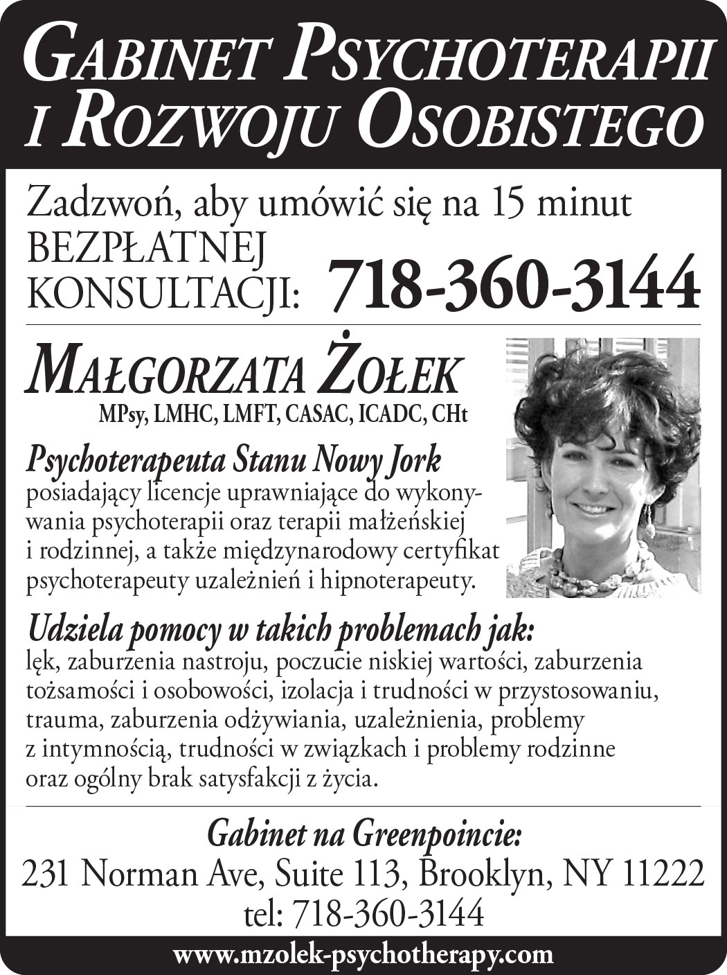 Reklama malgorzata zolek psychoterapeuta greenpoint brooklyn