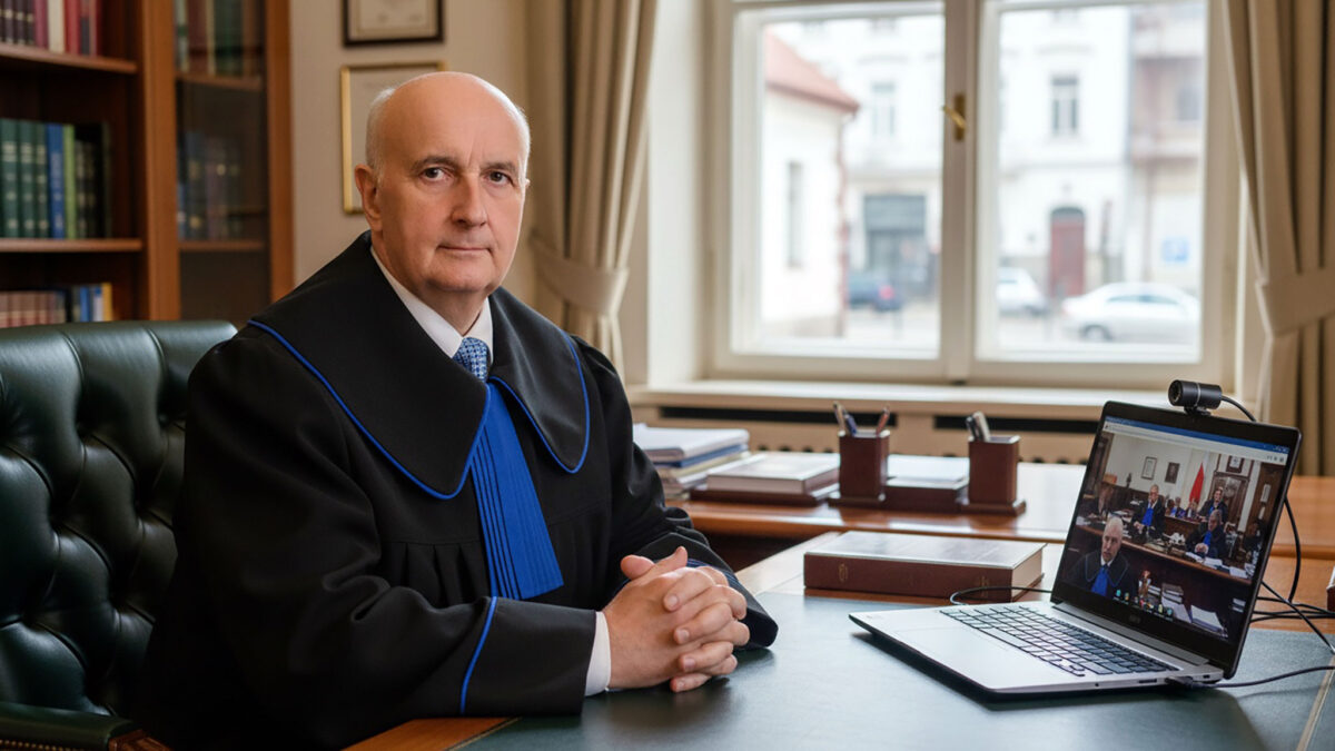 Adwokat Teofil Głębocki podczas wideokonferencji z sądem w Polsce z biura w Clifton