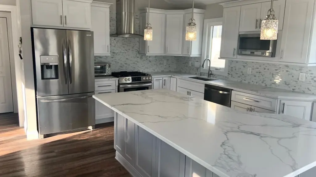 Stone kitchen island countertop by the bar seating area