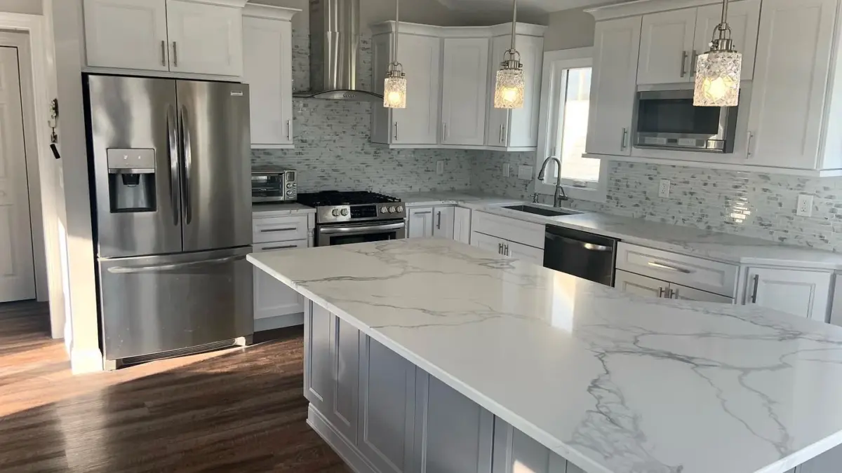 Stone kitchen island countertop by the bar seating area